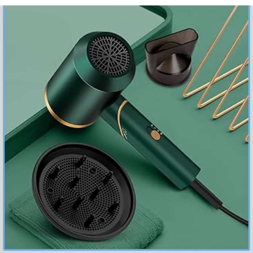 Green Metallic Hair Dryer with Gold Accents